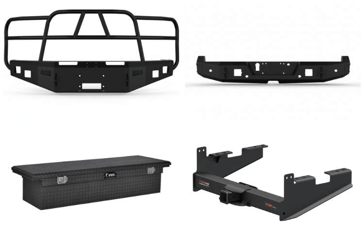 2022 Ford F250 Superduty Heavy Hauler Kit featuring Hammerhead front and rear bumpers, UWS crossover toolbox, and Curt trailer hitch — built for heavy-duty hauling, towing, and truck bed storage