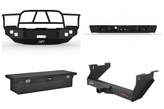 2005 Dodge Ram 2500 Heavy Hauler Kit featuring a durable Hammerhead front bumper, a secure UWS crossover toolbox, and a heavy-duty Curt trailer hitch—designed for maximum towing power and work-ready performance