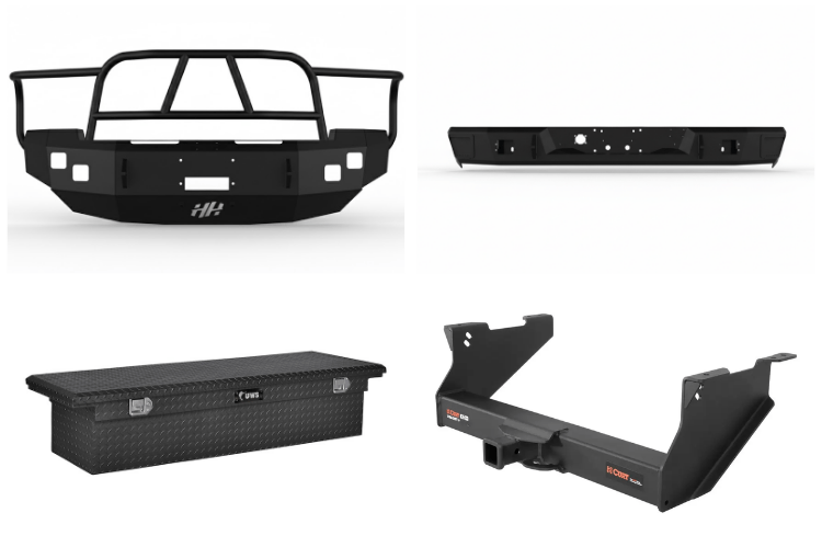 2005 Dodge Ram 2500 Heavy Hauler Kit featuring a durable Hammerhead front bumper, a secure UWS crossover toolbox, and a heavy-duty Curt trailer hitch—designed for maximum towing power and work-ready performance