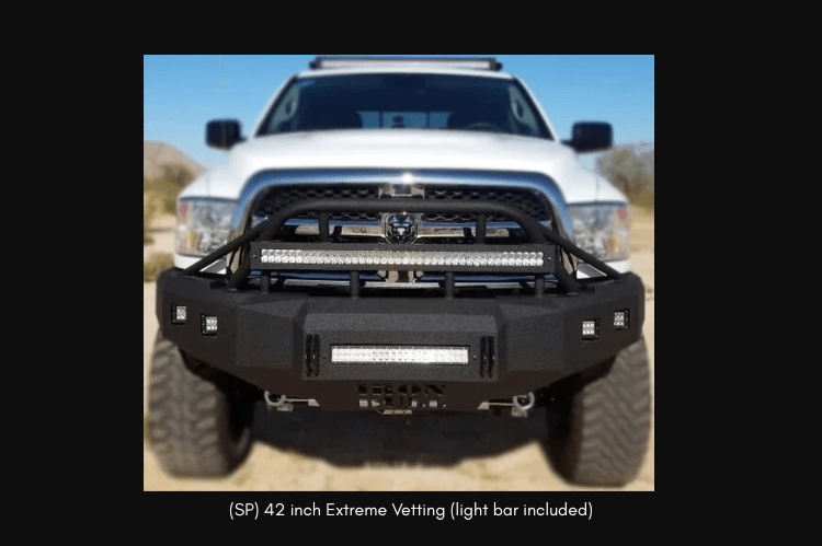 Iron Bull SP 42-Inch Extreme Vetting Add-On with grille guard and light bar enhancing front bumper strength and visibility