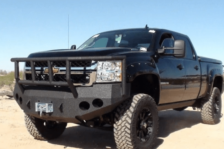 Iron Bull Heavy Duty Front Bumper installed on a Chevy Silverado 2500/3500 2007-2010, showcasing a durable Chevy Silverado front bumper design