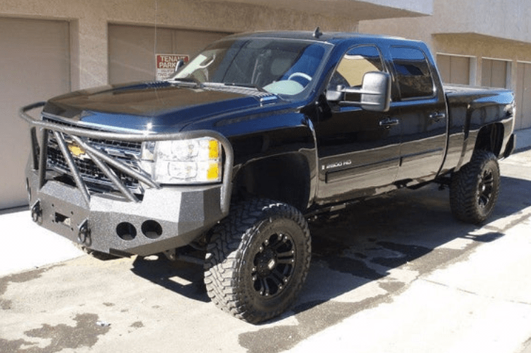 Iron Bull Heavy Duty Front Bumper installed on a Chevy Silverado 2500/3500 2007-2010, showcasing a durable Chevy Silverado front bumper design