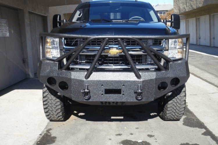 Iron Bull Heavy Duty Front Bumper installed on a Chevy Silverado 2500/3500 2007-2010, showcasing a durable Chevy Silverado front bumper design