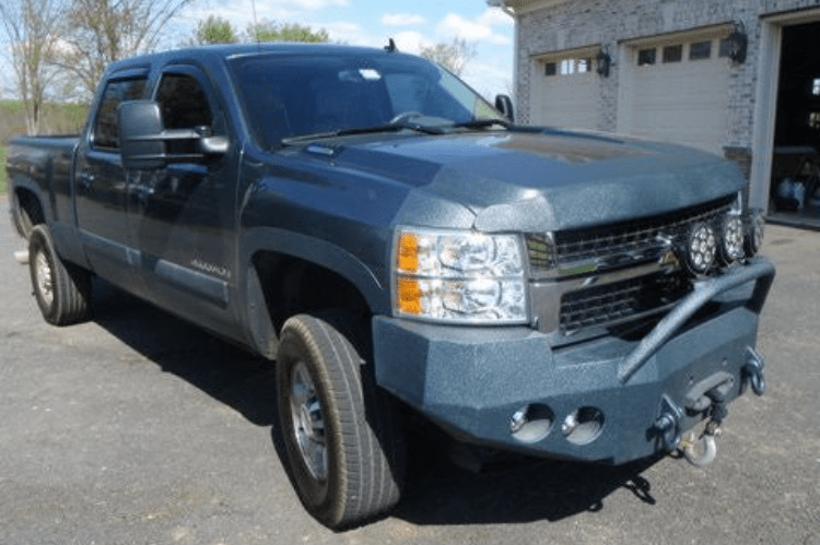 Iron Bull Heavy Duty Front Bumper installed on a Chevy Silverado 2500/3500 2007-2010, showcasing a durable Chevy Silverado front bumper design