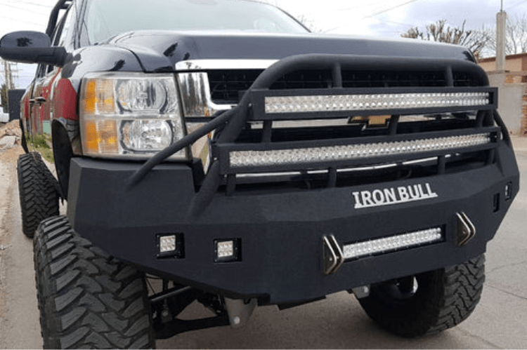 Iron Bull Heavy Duty Front Bumper installed on a Chevy Silverado 2500/3500 2007-2010, showcasing a durable Chevy Silverado front bumper design