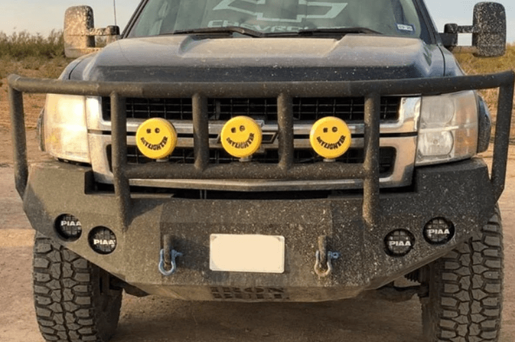 Iron Bull Heavy Duty Front Bumper installed on a Chevy Silverado 2500/3500 2007-2010, showcasing a durable Chevy Silverado front bumper design