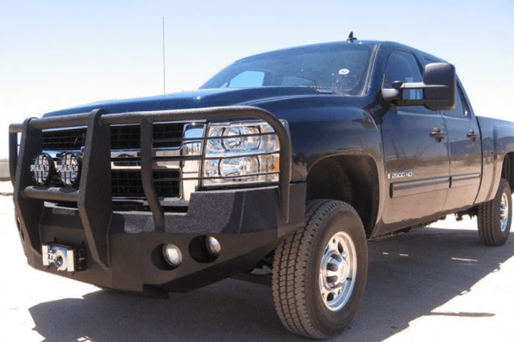 Iron Bull Heavy Duty Front Bumper installed on a Chevy Silverado 2500/3500 2007-2010, showcasing a durable Chevy Silverado front bumper design