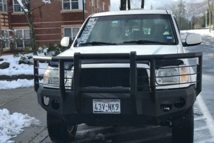 Custom truck front bumper #43 by Iron Bull sits installed on the front end of a 2000-2002 Toyota Tundra off-roader