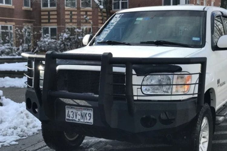 Custom truck front bumper #43 by Iron Bull sits installed on the front end of a 2000-2002 Toyota Tundra off-roader