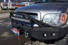 Custom truck front bumper #43 by Iron Bull sits installed on the front end of a 2000-2002 Toyota Tundra off-roader