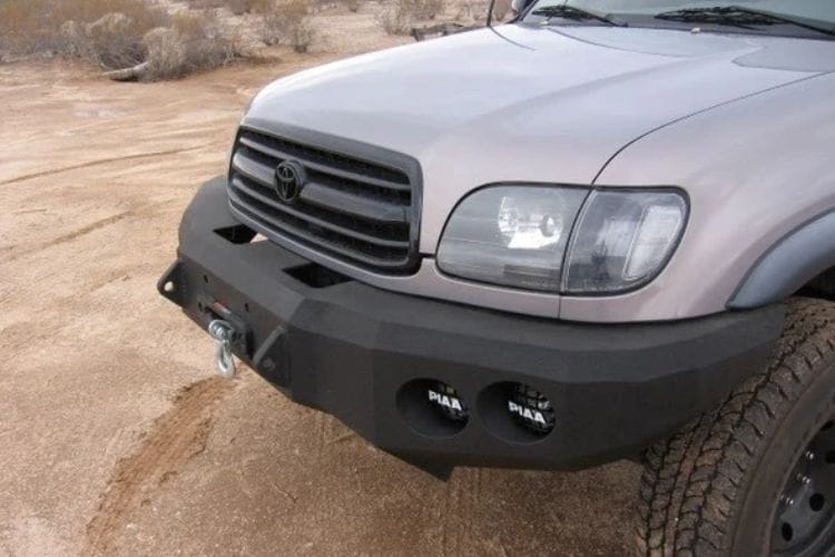 Custom truck front bumper #43 by Iron Bull sits installed on the front end of a 2000-2002 Toyota Tundra off-roader