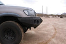 Custom truck front bumper #43 by Iron Bull sits installed on the front end of a 2000-2002 Toyota Tundra off-roader