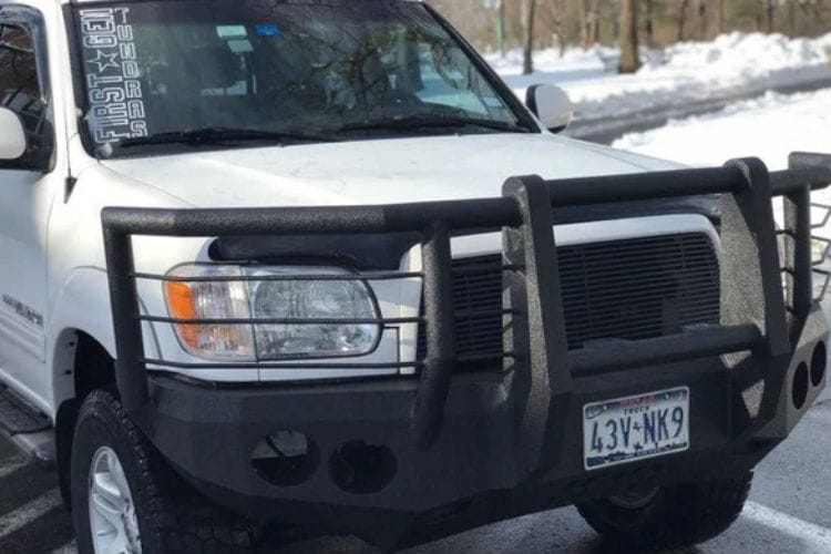 Custom truck front bumper #43 by Iron Bull sits installed on the front end of a 2000-2002 Toyota Tundra off-roader