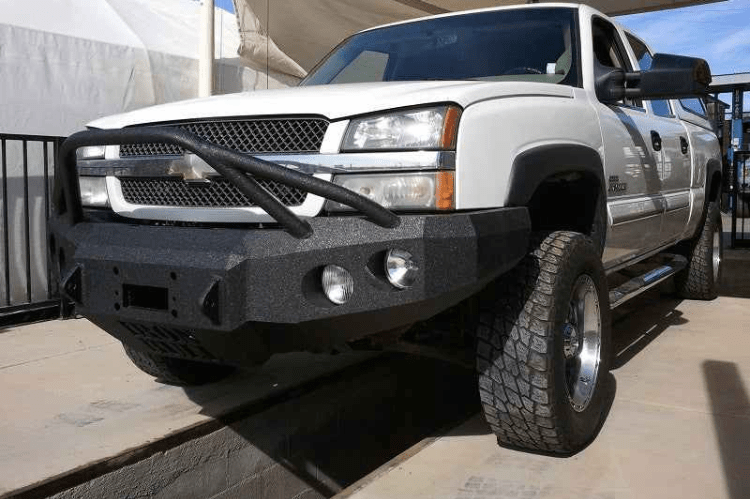 Iron Bull aftermarket front bumper for 2003-2007 Chevy Silverado 2500/3500, heavy-duty steel construction with bold upgrade design.