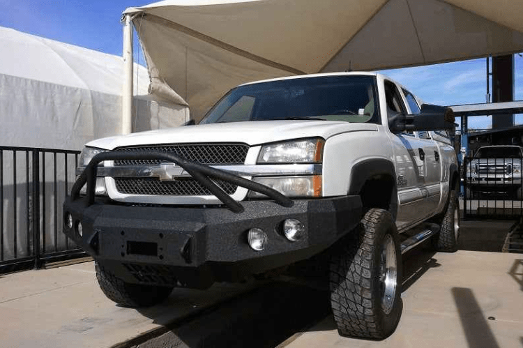 Iron Bull aftermarket front bumper for 2003-2007 Chevy Silverado 2500/3500, heavy-duty steel construction with bold upgrade design.