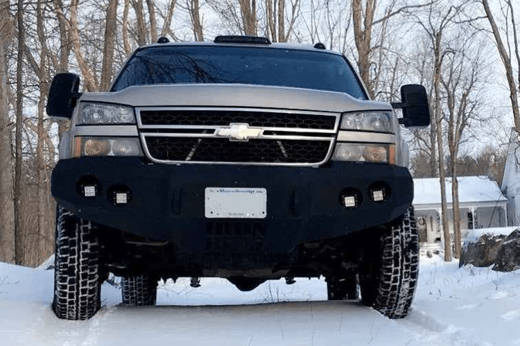 Iron Bull aftermarket front bumper for 2003-2007 Chevy Silverado 2500/3500, heavy-duty steel construction with bold upgrade design.