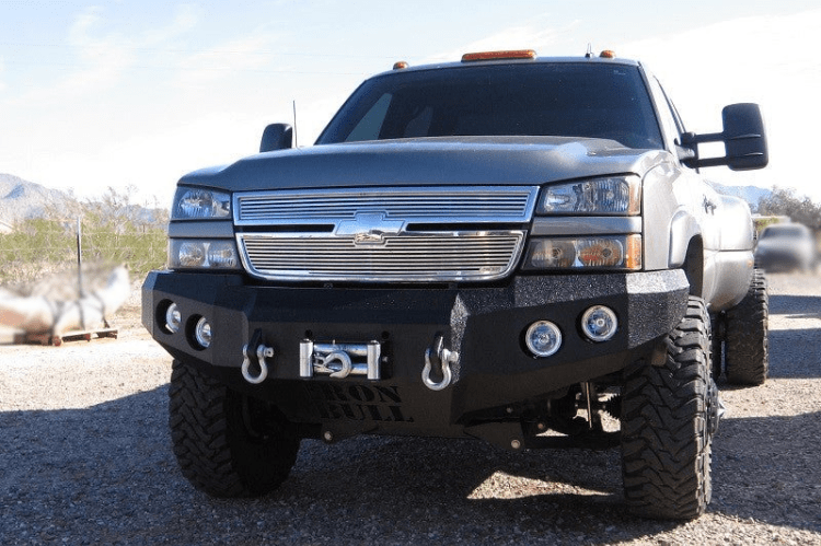 Iron Bull aftermarket front bumper for 2003-2007 Chevy Silverado 2500/3500, heavy-duty steel construction with bold upgrade design.