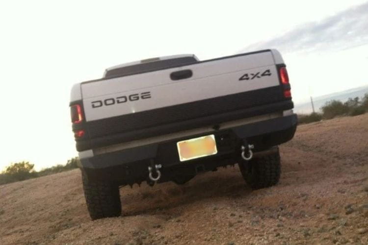 Iron Bull heavy duty rear bumpers #16 protect a 1994-2001 Dodge Ram 1500 truck with custom-built steel strength