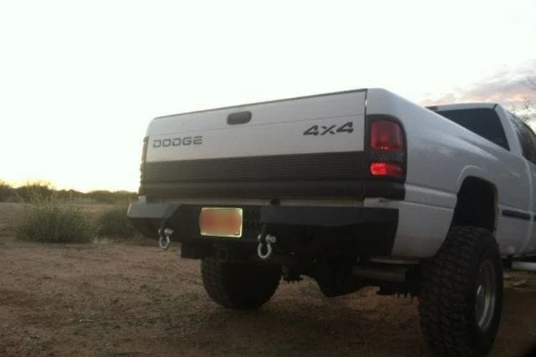 Iron Bull heavy duty rear bumpers #16 protect a 1994-2001 Dodge Ram 1500 truck with custom-built steel strength