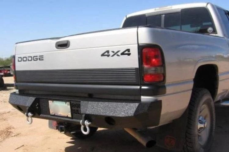 Heavy duty rear bumpers #16 made by Iron Bull enhance a 1994-2002 Dodge Ram 2500/3500 with rugged trail-ready protection
