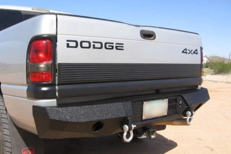 Heavy duty rear bumpers #16 made by Iron Bull enhance a 1994-2002 Dodge Ram 2500/3500 with rugged trail-ready protection