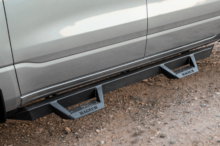 Magnum Raptor Series RTS80TY RT Steps for Toyota Tundra 2007-2018 Crew Max – rugged black side steps with textured non-slip pads for secure footing and a bold off-road look.