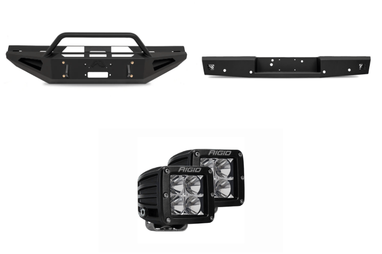 Night Raider Kit installed on a 2004 Ford F250 Super Duty built for the dark trails featuring Fab Fours front and rear bumpers and Rigid lights