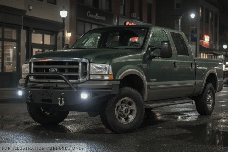Night Raider Kit installed on a 2004 Ford F250 Super Duty built for the dark trails featuring Fab Fours front and rear bumpers and Rigid lights