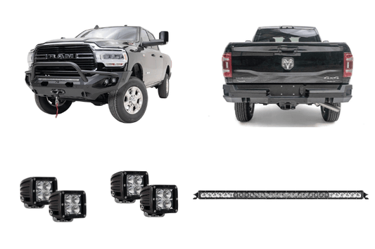 Heavy-duty 2024 Dodge Ram 2500 trail build with Fab Fours steel protection and Rigid lighting
