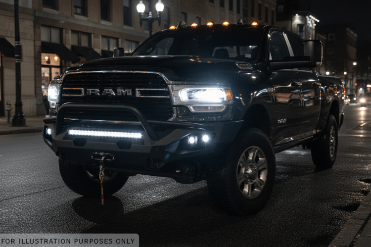Heavy-duty 2024 Dodge Ram 2500 trail build with Fab Fours steel protection and Rigid lighting