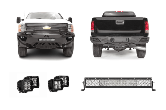 Night Raider Kit installed on a 2014 Silverado 2500HD to turn the truck into a night beast with heavy-duty Fab Fours bumpers and Rigid LED lighting
