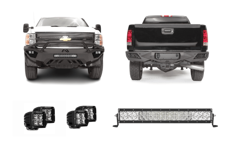 Night Raider Kit installed on a 2014 Silverado 2500HD to turn the truck into a night beast with heavy-duty Fab Fours bumpers and Rigid LED lighting