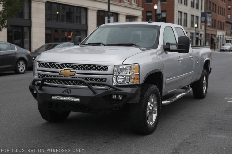 Night Raider Kit installed on a 2014 Silverado 2500HD to turn the truck into a night beast with heavy-duty Fab Fours bumpers and Rigid LED lighting