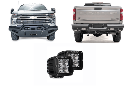 2023 Chevy 2500HD Night Raider Kit upgrade featuring Fab Fours bumpers and Rigid off-road lighting