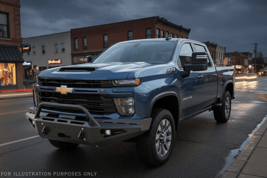 Adventure-ready 2025 Chevy Silverado 2500HD with Night Raider Kit featuring Fab Fours bumpers and Rigid lights