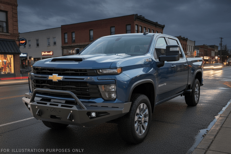 Adventure-ready 2025 Chevy Silverado 2500HD with Night Raider Kit featuring Fab Fours bumpers and Rigid lights
