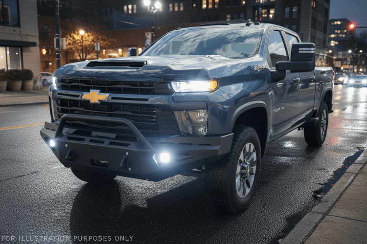 Adventure-ready 2025 Chevy Silverado 2500HD with Night Raider Kit featuring Fab Fours bumpers and Rigid lights