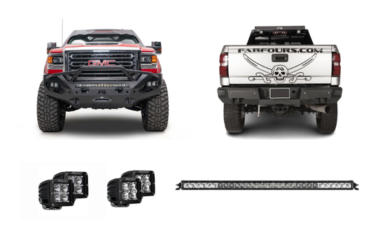 2019 GMC Sierra 2500HD off-road Night Raider Kit featuring Fab Fours heavy-duty armor and Rigid lights