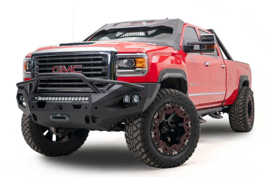 2019 GMC Sierra 2500HD off-road Night Raider Kit featuring Fab Fours heavy-duty armor and Rigid lights