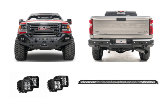 Night Raider Kit installed on a 2023 GMC Sierra 2500HD with heavy-duty Fab Fours bumpers and Rigid LED light bars
