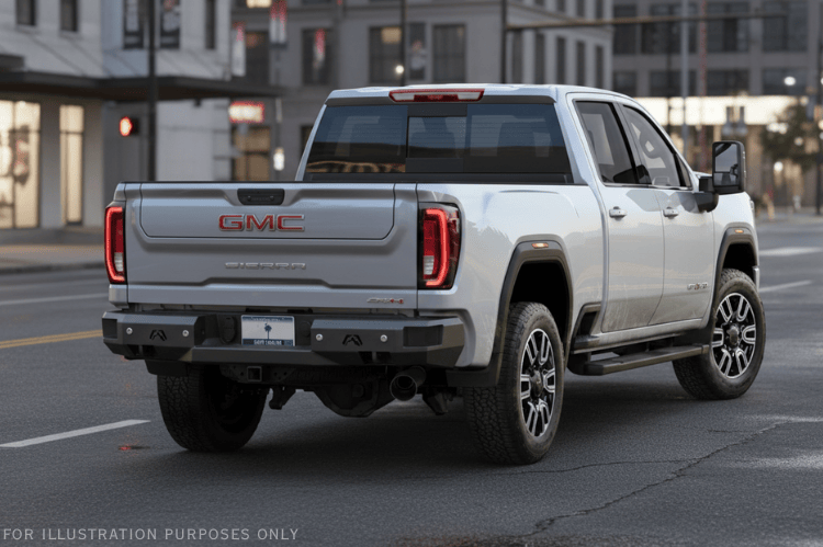 Night Raider Kit installed on a 2023 GMC Sierra 2500HD with heavy-duty Fab Fours bumpers and Rigid LED lights