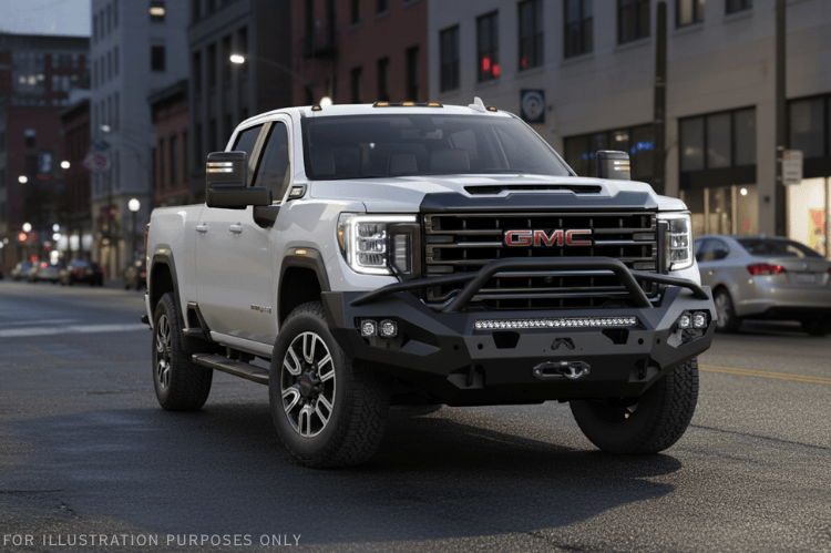 Night Raider Kit installed on a 2023 GMC Sierra 2500HD with heavy-duty Fab Fours bumpers and Rigid LED lights