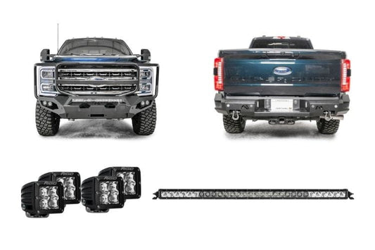 Front and rear bumpers Fab Fours Night Raider kit with Rigid lights for 2024 Ford F250 Superduty heavy-duty truck upgrade