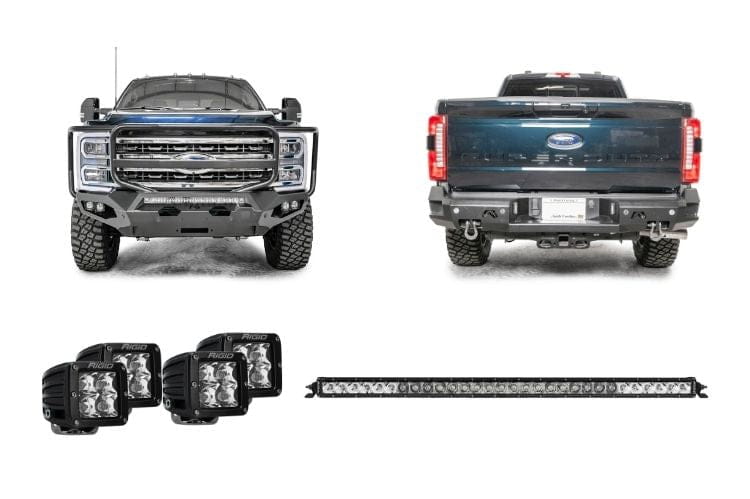 Front and rear bumpers Fab Fours Night Raider kit with Rigid lights for 2024 Ford F250 Superduty heavy-duty truck upgrade