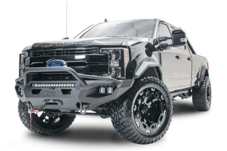 Customized 2016 Ford F250 Super Duty equipped with Fab Fours bumpers and Rigid light setup