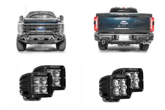 Custom 2023 Ford F250 Night Raider build featuring Fab Fours armor and Rigid lighting package