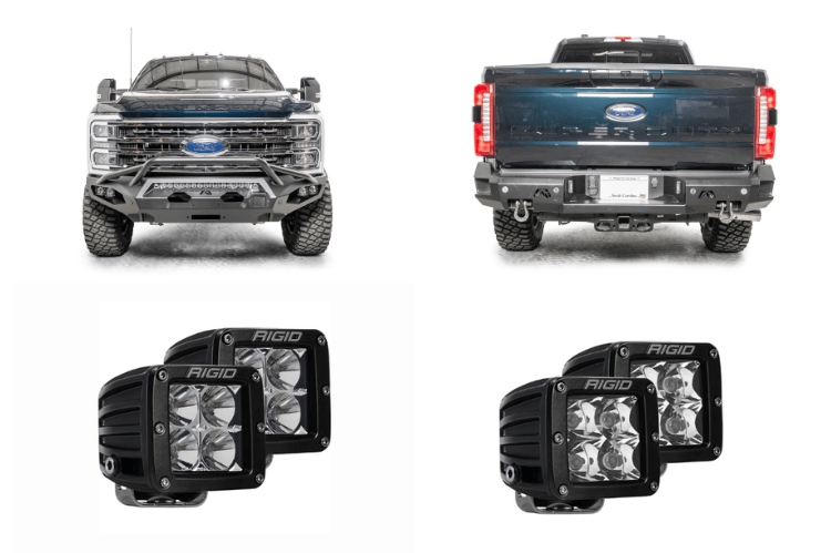 Custom 2023 Ford F250 Night Raider build featuring Fab Fours armor and Rigid lighting package