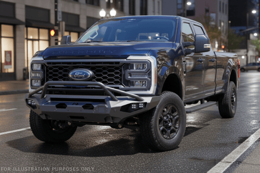 Custom 2023 Ford F250 Night Raider build featuring Fab Fours armor and Rigid lighting package
