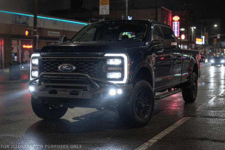 Custom 2023 Ford F250 Night Raider build featuring Fab Fours armor and Rigid lighting package