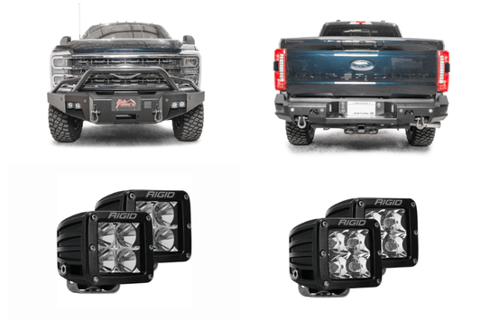 Adventure-ready 2024 Ford F250 Super Duty featuring Fab Fours bumpers and Rigid lighting system